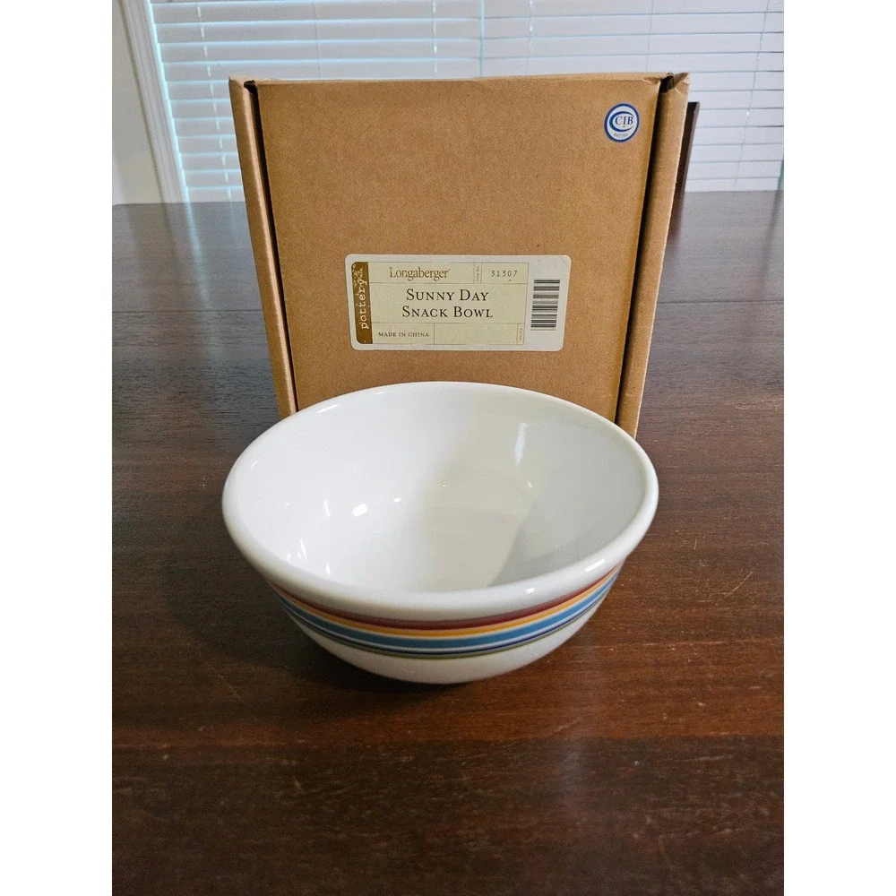 Longaberger Sunny Day Snack Bowl White Multi-Color Striped Pottery